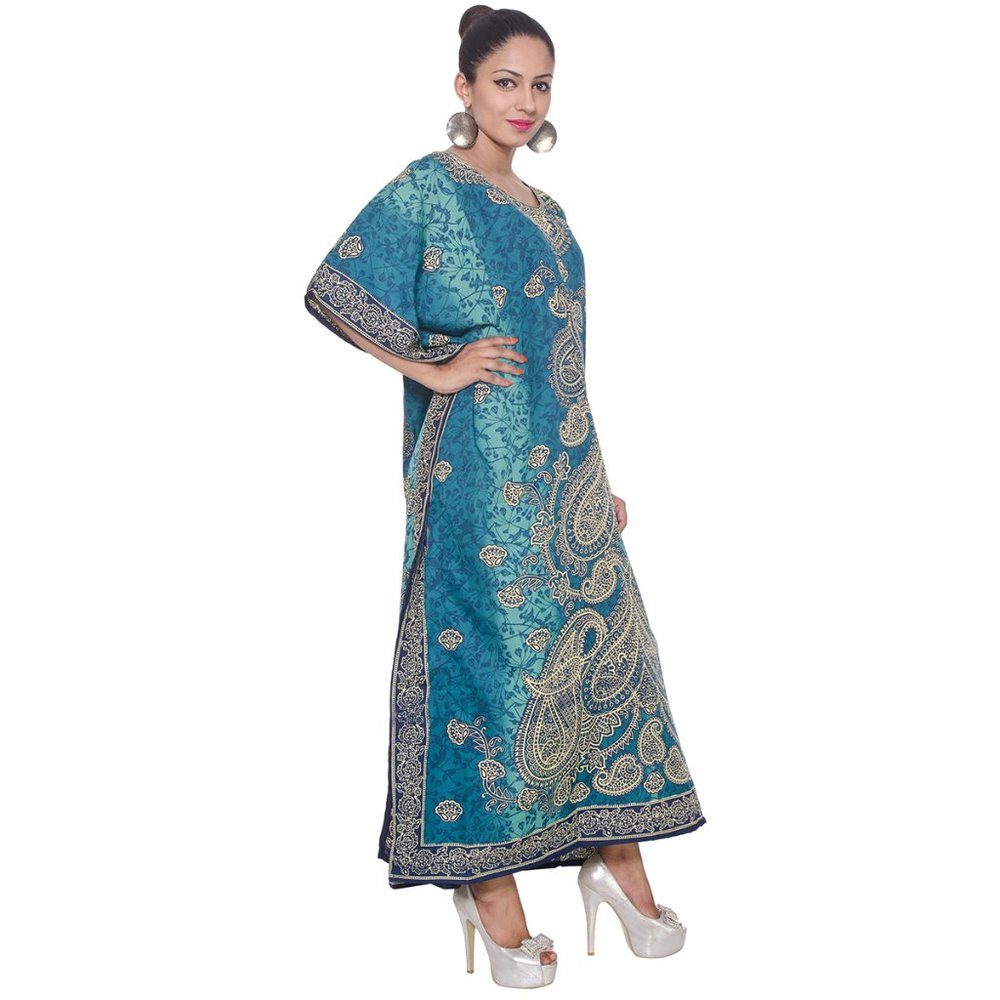 Paisley Printed Teal Polyester Plus Size Kaftan Dress for Women by Gypsie Blu - Picture 4 of 6